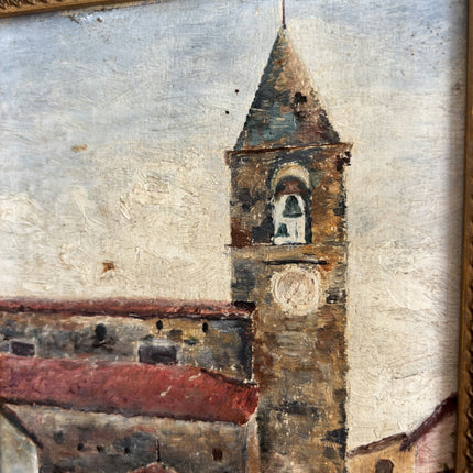 1896 Antique Cityscape Oil Painting "Bell Tower" Small Artwork Holland Art Shop