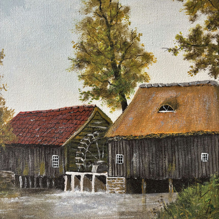 Detailed Harbor Scene Oil Painting "Watermill Building" Authentic E Artwork Holland Art Shop
