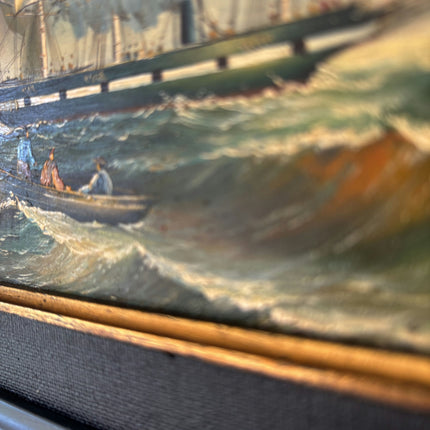 19th Century Antique Seascape Oil Painting "Green Ship" Small Art Holland Art Shop