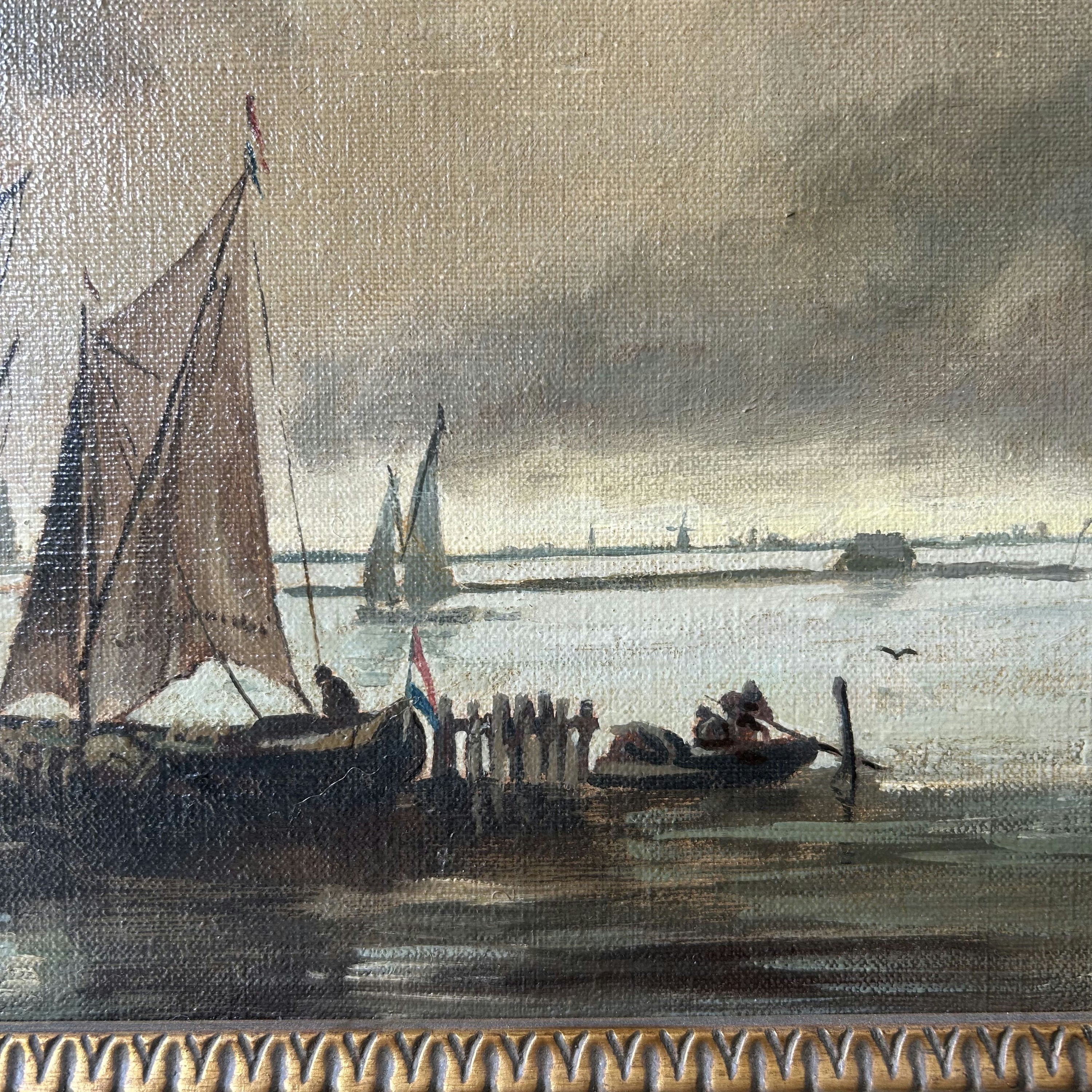 Detailed Harbor Scene Oil Painting 