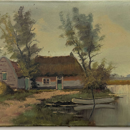 Authentic Landscape Oil Painting "Thatched Cottage" Vintage Small Art Holland Art Shop