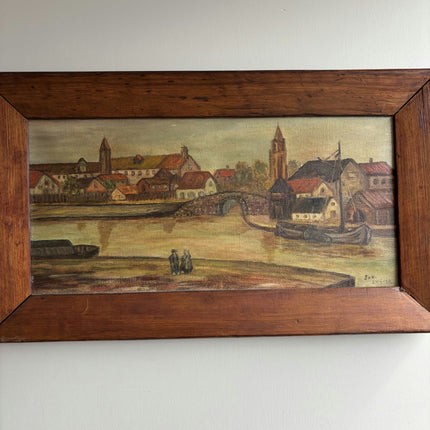 Handcrafted Harbor Scene Oil Painting "River Boat" Expressive Art Holland Art Shop