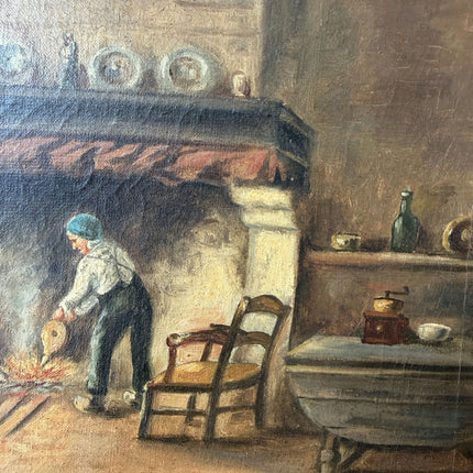 19th Century Oil Painting Interior "Fireside Worker" Medium Art Holland Art Shop