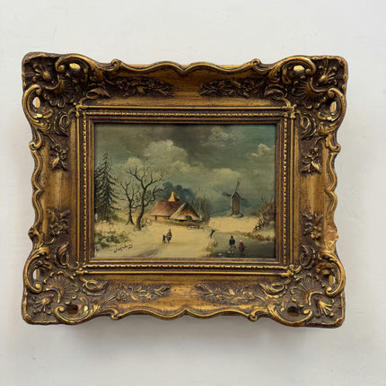 19th Century Antique Winter Landscape Oil Painting "Gilded Frame" Small Art Holland Art Shop