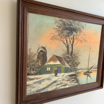 Classic Winter Landscape Oil Painting "Green Boat" Traditional Artwork Holland Art Shop
