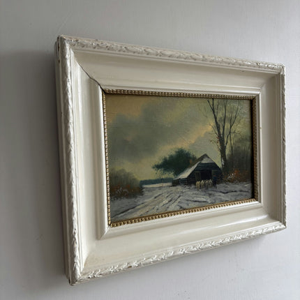 19th Century Antique Landscape Oil Painting "Snowy Cottage" Art Holland Art Shop