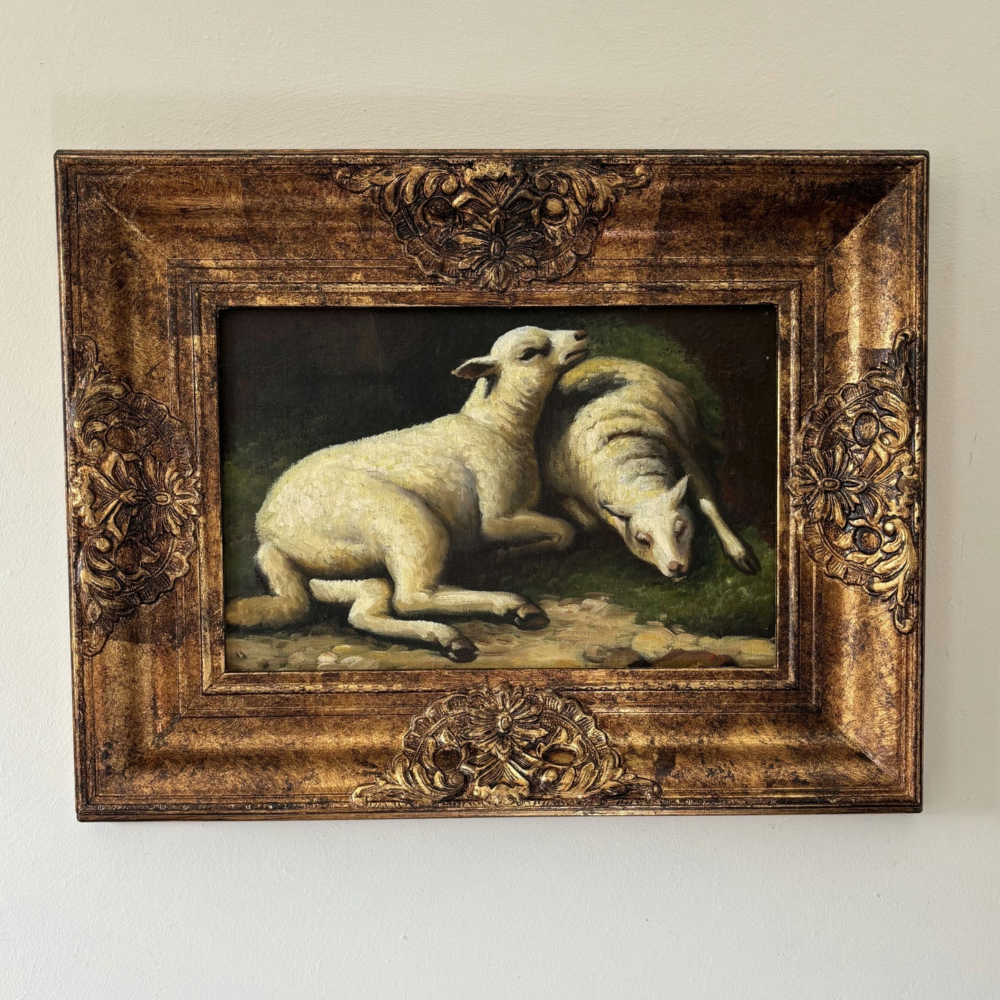 Marvelous Oil Painting Animals "Resting Lambs" Vintage French Artwork