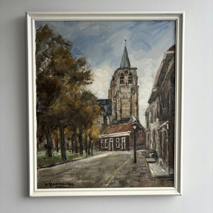 Vintage Cityscape Oil Painting "Church Tower" Original Art Holland Art Shop