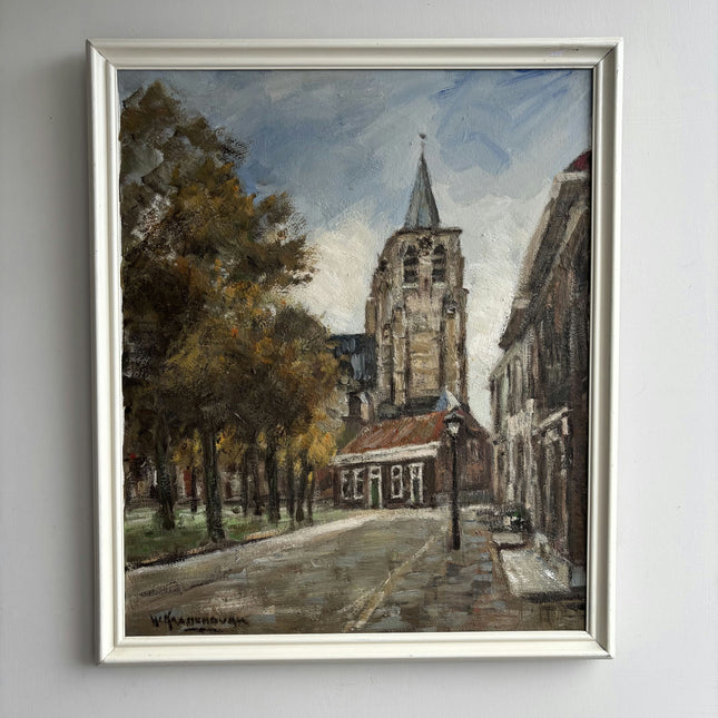 Vintage Cityscape Oil Painting "Church Tower" Original Art Holland Art Shop