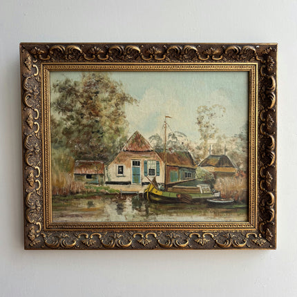 Rustic Harbor Scene Oil Painting "Thatched House" Original Small Artwork Holland Art Shop
