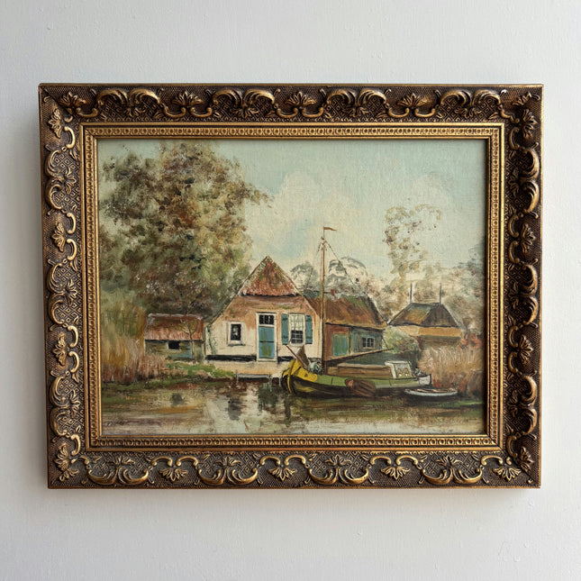 Rustic Harbor Scene Oil Painting "Thatched House" Original Small Artwork Holland Art Shop