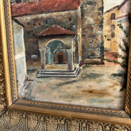 1896 Antique Cityscape Oil Painting "Bell Tower" Small Artwork Holland Art Shop