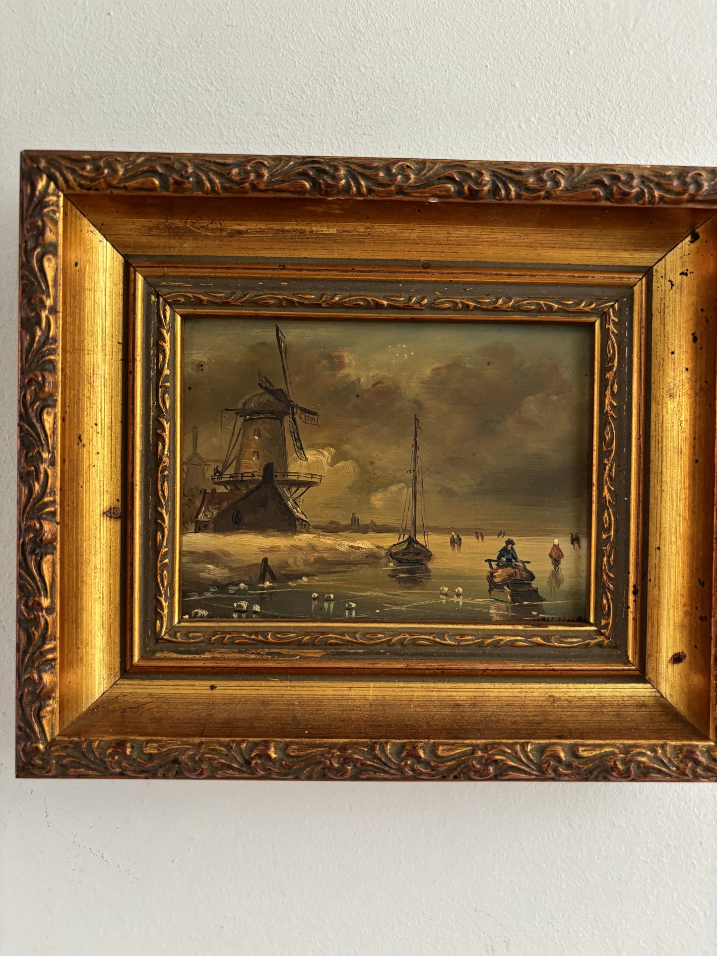 Remarkable Oil Painting Winter Landscape "Windmill Scene" Intriguing Small Art