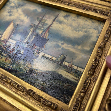 19th Century Antique Seascape Oil Painting "Golden Frame" Small Artwork Holland Art Shop