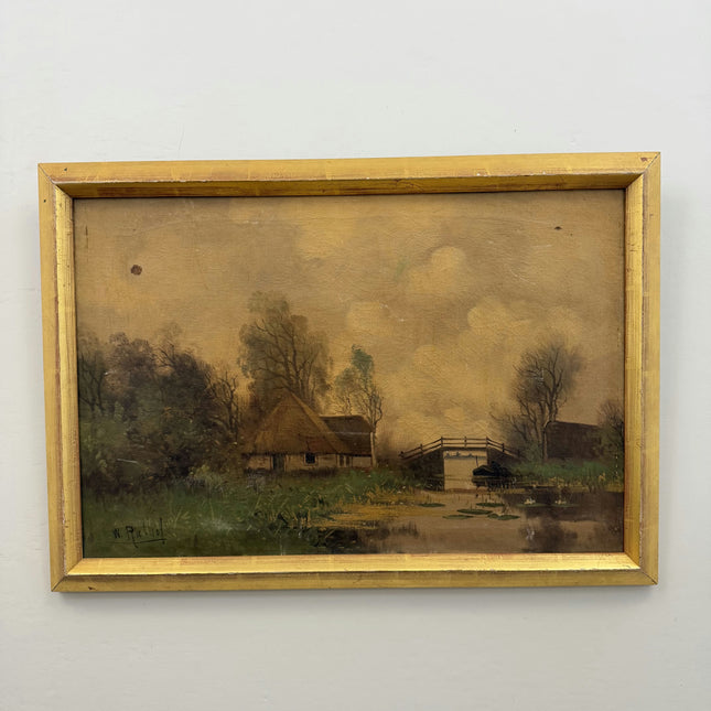 19th Century Antique Landscape Oil Painting "Thatched Cottage" Artwork Holland Art Shop