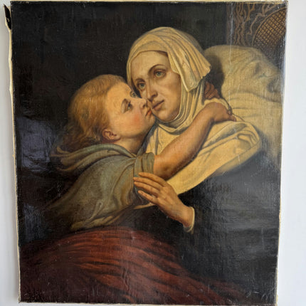 19th Century Antique Portrait Oil Painting "Mother Embrace" Large Art Holland Art Shop