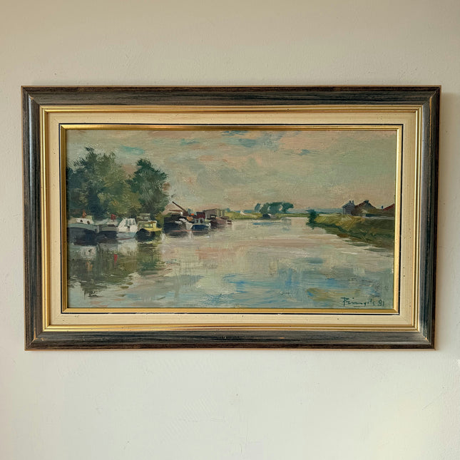 Remarkable Oil Painting Harbor Scene "River Boats" Striking Belgique Artwork Holland Art Shop