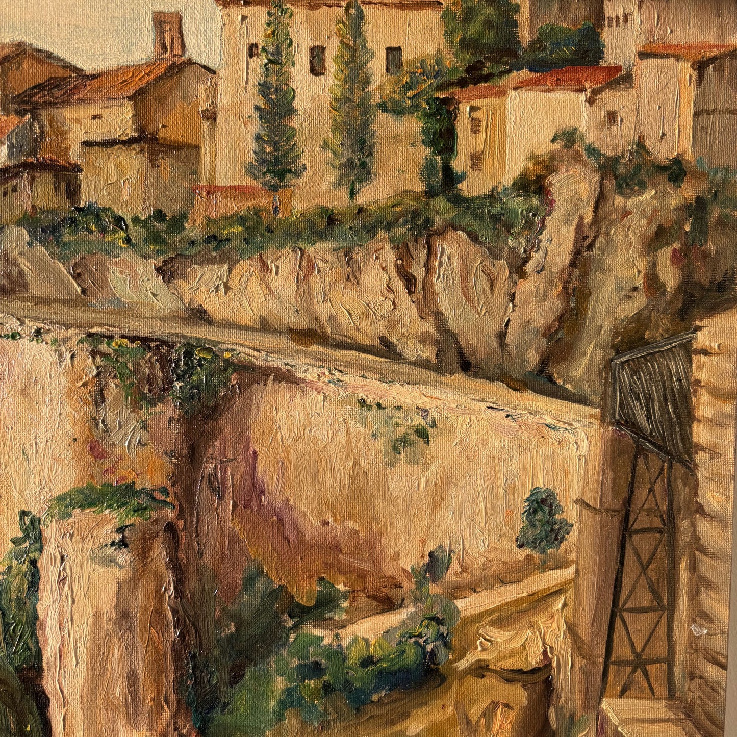 Vintage Landscape Oil Painting "Hanging Houses" Marvelous Medium Artwork