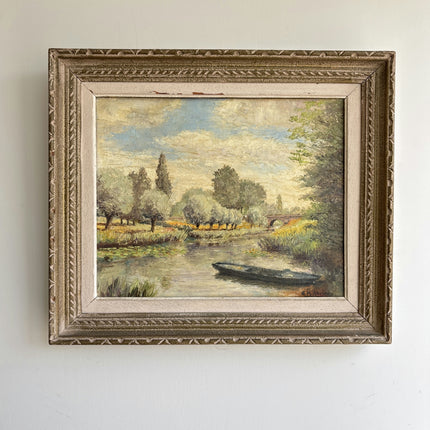 Detailed Landscape Oil Painting "River Boat" Vintage Art Holland Art Shop