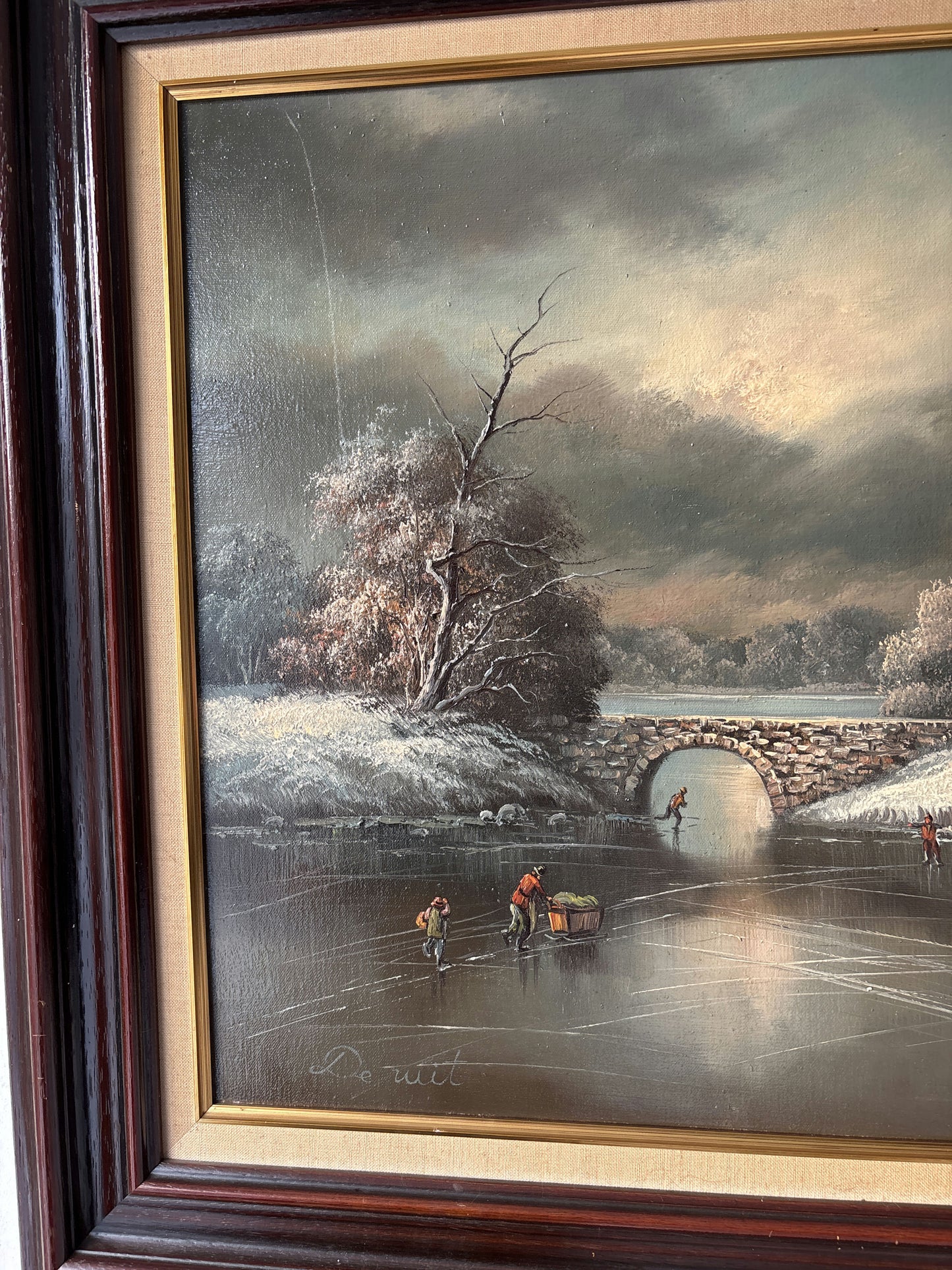 20th Century Vintage Winter Windmill Stone Bridge River Skaters Oil Painting