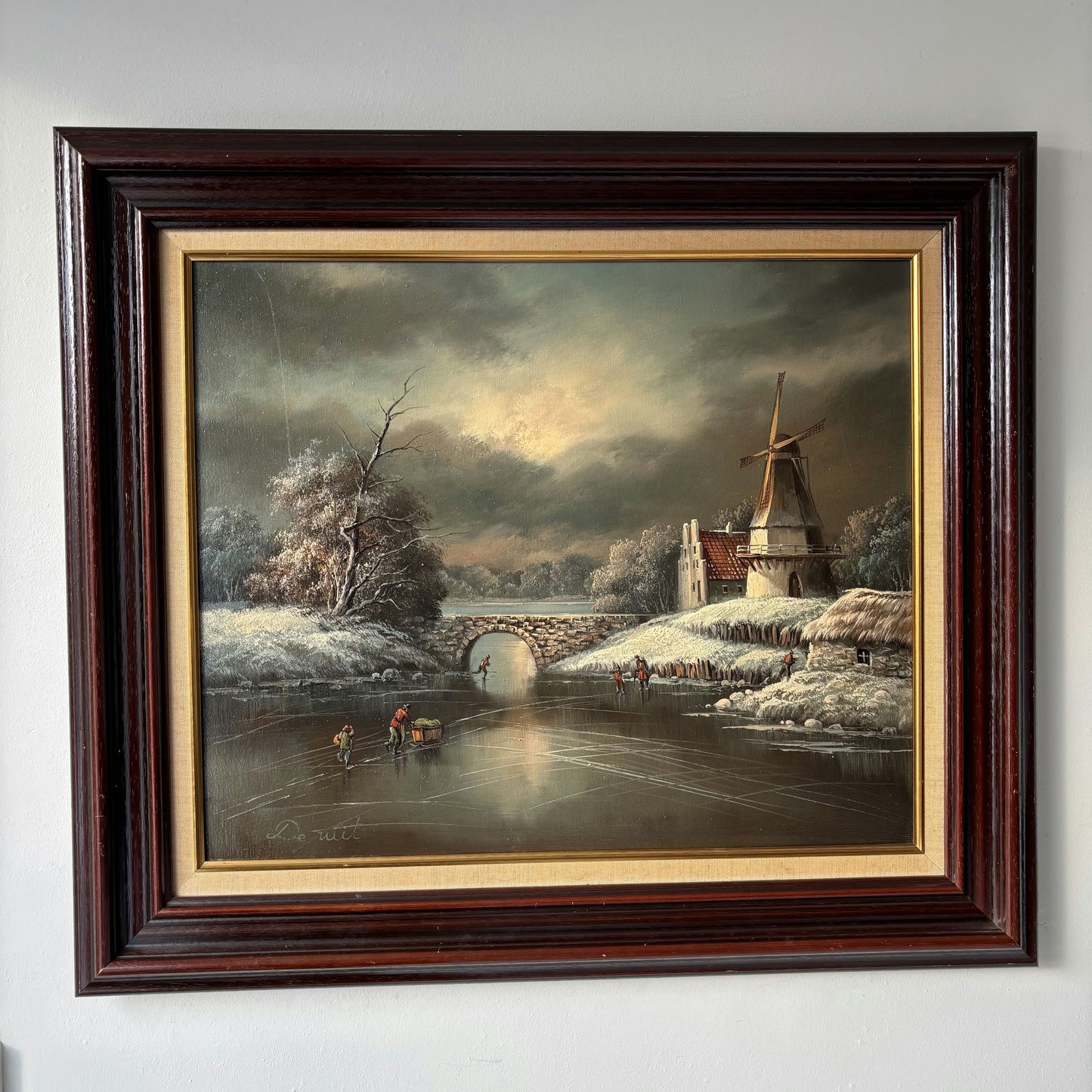20th Century Vintage Winter Windmill Stone Bridge River Skaters Oil Painting