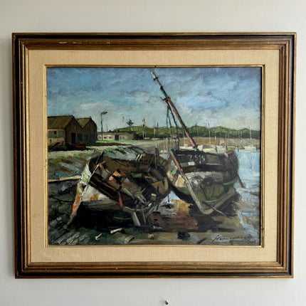 Timeless Harbor Scene Oil Painting "Fishing Boat" Authentic Large Art Holland Art Shop
