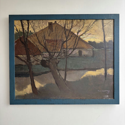 1942 Farm Oil Painting "Thatched Roof" Art Holland Art Shop