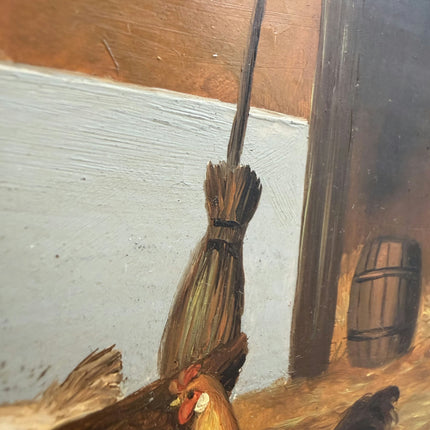 Antique Animals Oil Painting "Barnyard Chickens" Expressive Small Art Holland Art Shop