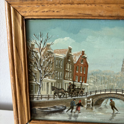 Fine Oil Painting Cityscape "Ice Skating Scene" Vintage Small Artwork Holland Art Shop