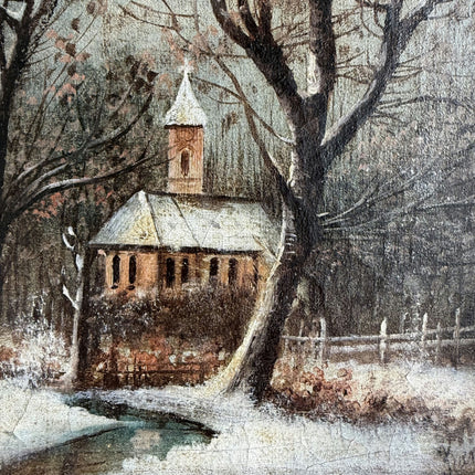 Timeless Winter Landscape Oil Painting "Snowy Church" Rustic Small Art Holland Art Shop
