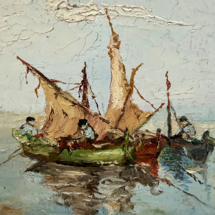 Vintage Seascape Oil Painting "Fishing Boats" Traditional Small Art Holland Art Shop
