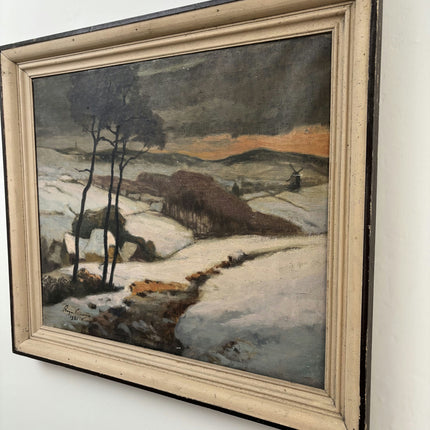 19th Century Antique Winter Landscape Oil Painting "Snowy Hills" Large Art Holland Art Shop