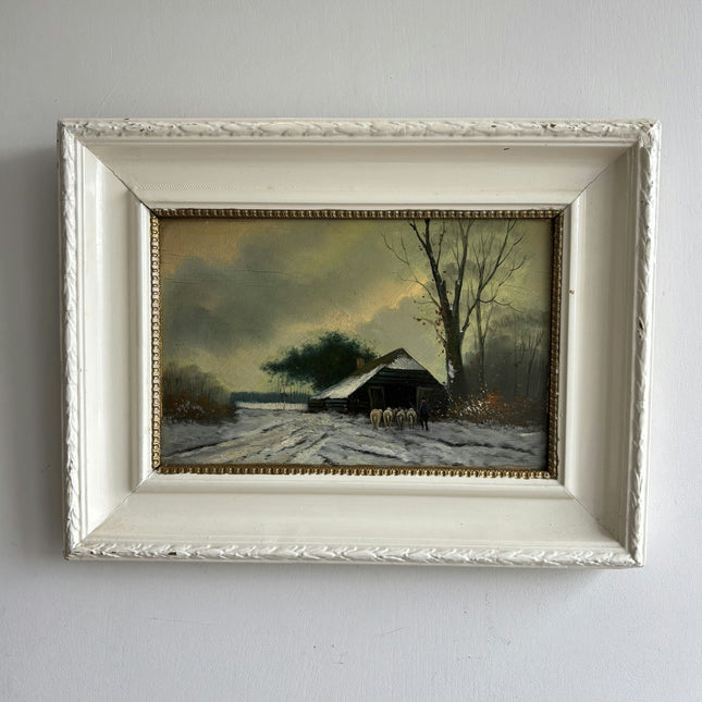 19th Century Antique Landscape Oil Painting "Snowy Cottage" Art Holland Art Shop