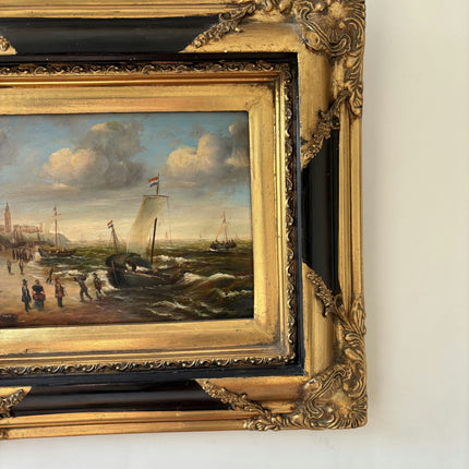 19th Century Antique Harbor Scene Oil Painting "Gilded Frame" Artwork Holland Art Shop