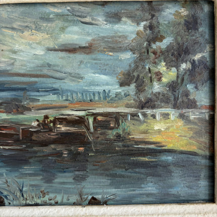 Authentic Harbor Scene Oil Painting "Painted Frame" Vintage Small Artwork Holland Art Shop