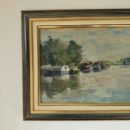 Remarkable Oil Painting Harbor Scene "River Boats" Striking Belgique Artwork Holland Art Shop