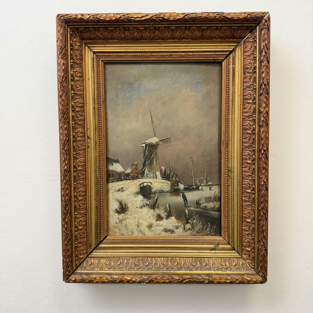 Elegant Winter Landscape Oil Painting "Snowy Windmill" Rustic Art Holland Art Shop