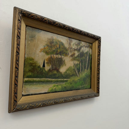 19th Century Antique Landscape Oil Painting "Framed Tree" Small Artwork Holland Art Shop