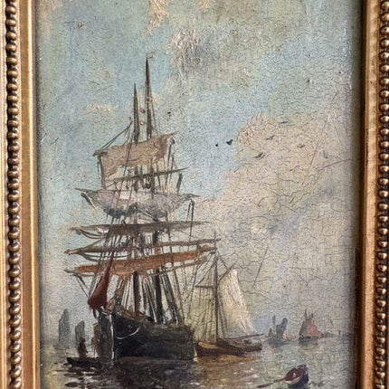 19th Century Antique Seascape Oil Painting "Gilded Frame" Small Art Holland Art Shop