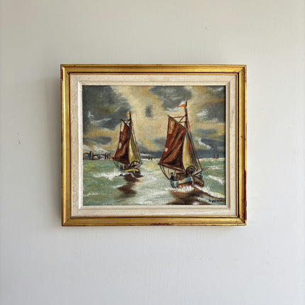 Expressive Seascape Oil Painting "Sailing Boats" Rustic Small Artwork Holland Art Shop