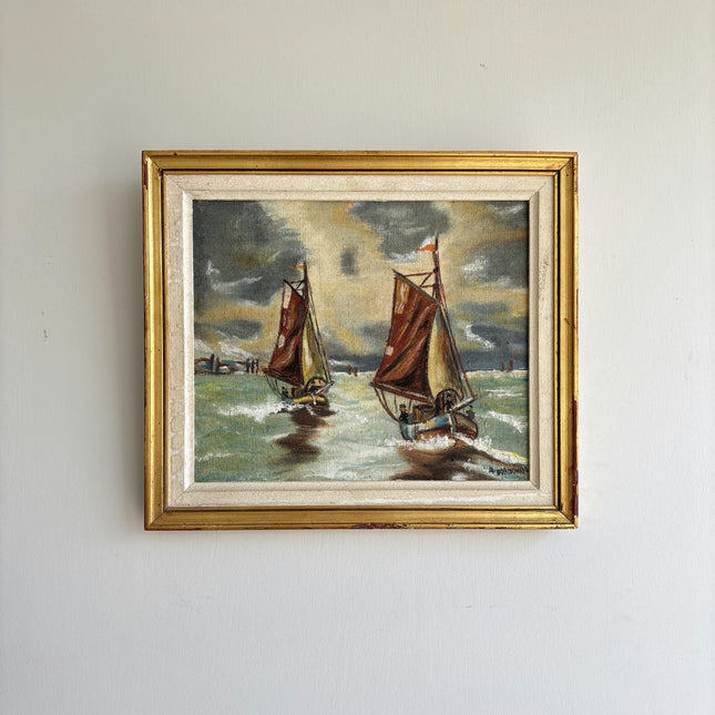 Expressive Seascape Oil Painting "Sailing Boats" Rustic Small Artwork Holland Art Shop