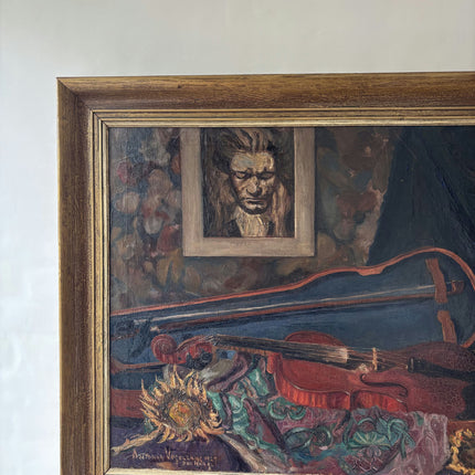 1927 Flowery Still Life Oil Painting "Violin Still" Den Haag Artwork Holland Art Shop