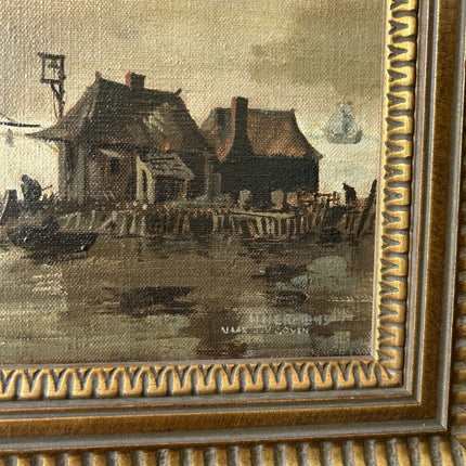 Detailed Harbor Scene Oil Painting "Sailing Boats" Vintage Art Holland Art Shop