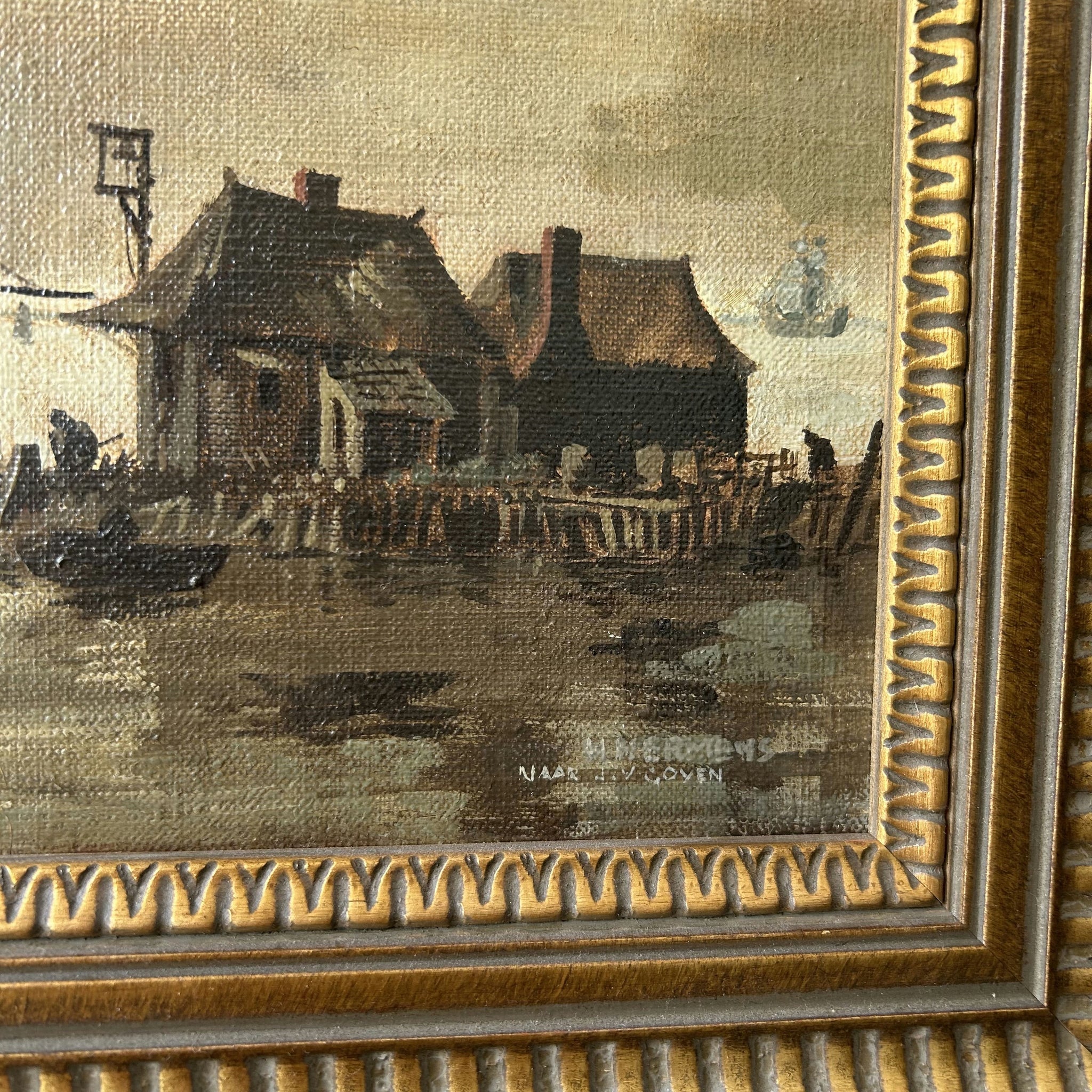 Detailed Harbor Scene Oil Painting 