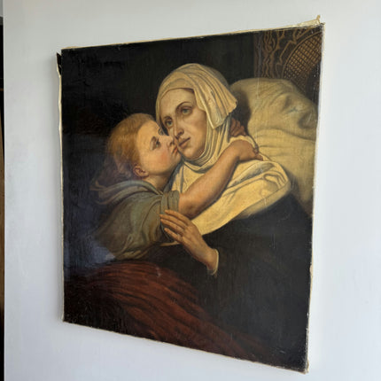 19th Century Antique Portrait Oil Painting "Mother Embrace" Large Art Holland Art Shop