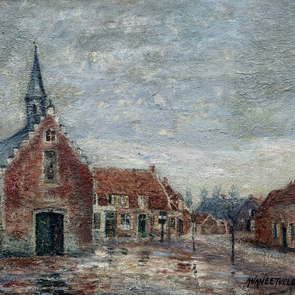 1916 Antique Cityscape Oil Painting "Red Brick Church" Artwork Holland Art Shop