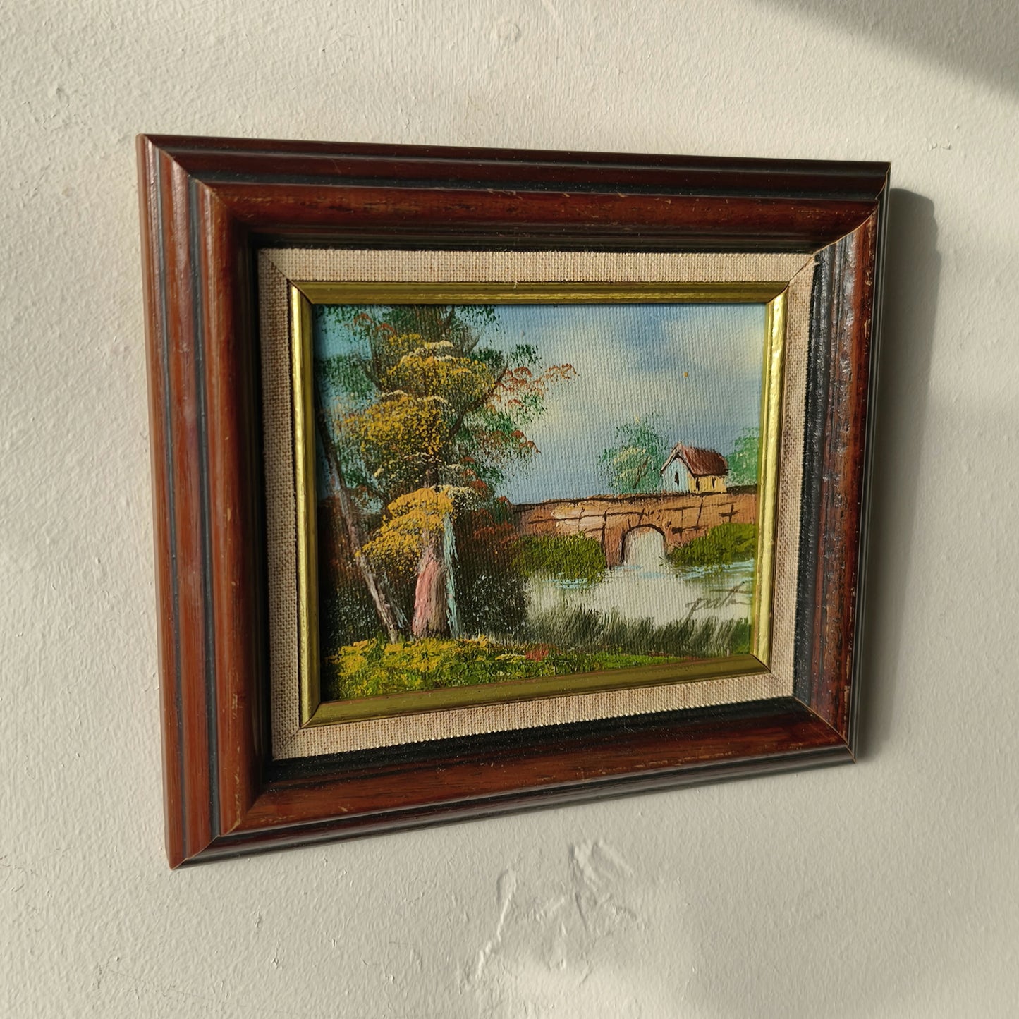 Figurative Landscape Oil Painting "Autumn Bridge" Vintage Small Art