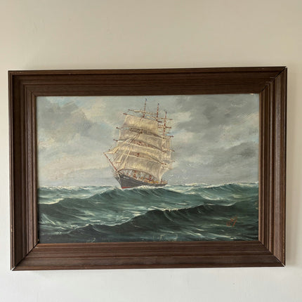 Vintage Seascape Oil Painting "Sailing Ship" Rustic Large Art Holland Art Shop
