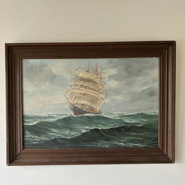 Vintage Seascape Oil Painting "Sailing Ship" Rustic Large Art Holland Art Shop
