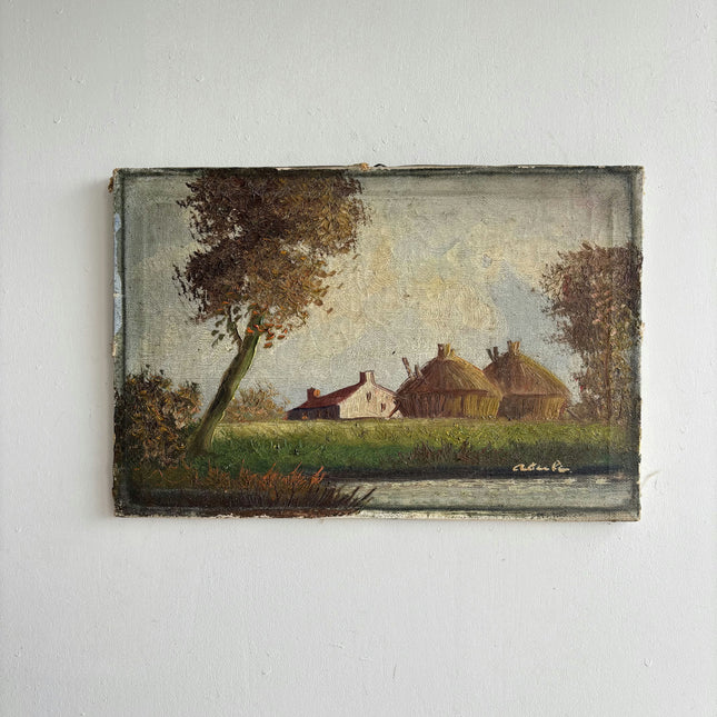 Classic Landscape Oil Painting "Thatched Huts" Vintage Small Art Holland Art Shop